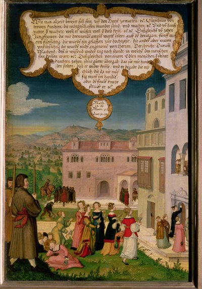 The Parable of the Wise and Foolish Virgins, section of wing panel from the Mompelgarter Altarpiece by Matthias Gerung or Gerou